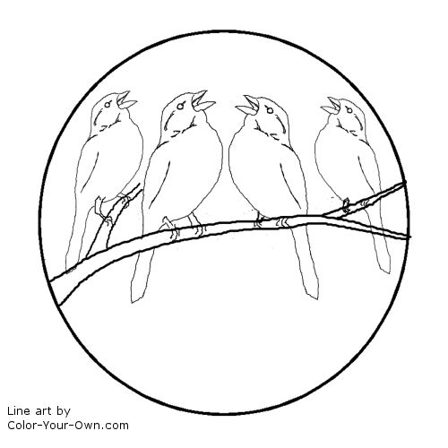 12 Days of Christmas - Four Calling Birds Line Art